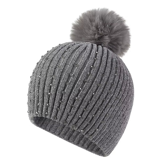 2021 Women Winter Fashion Hat Pompom Balls Cap Pearls Rhinestones Knitted Wool Beanie Casual Outdoor Warm Female Skullies Hats