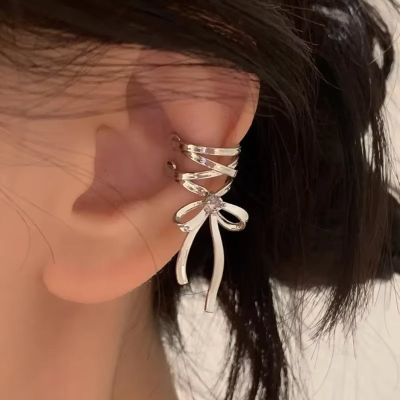 Girls New Ribbon Aesthetics Ear Clips Ballet Style Ribbon Bow-Knot Ear Cuff Women Korean Fashion Kpop Earring Jewelry