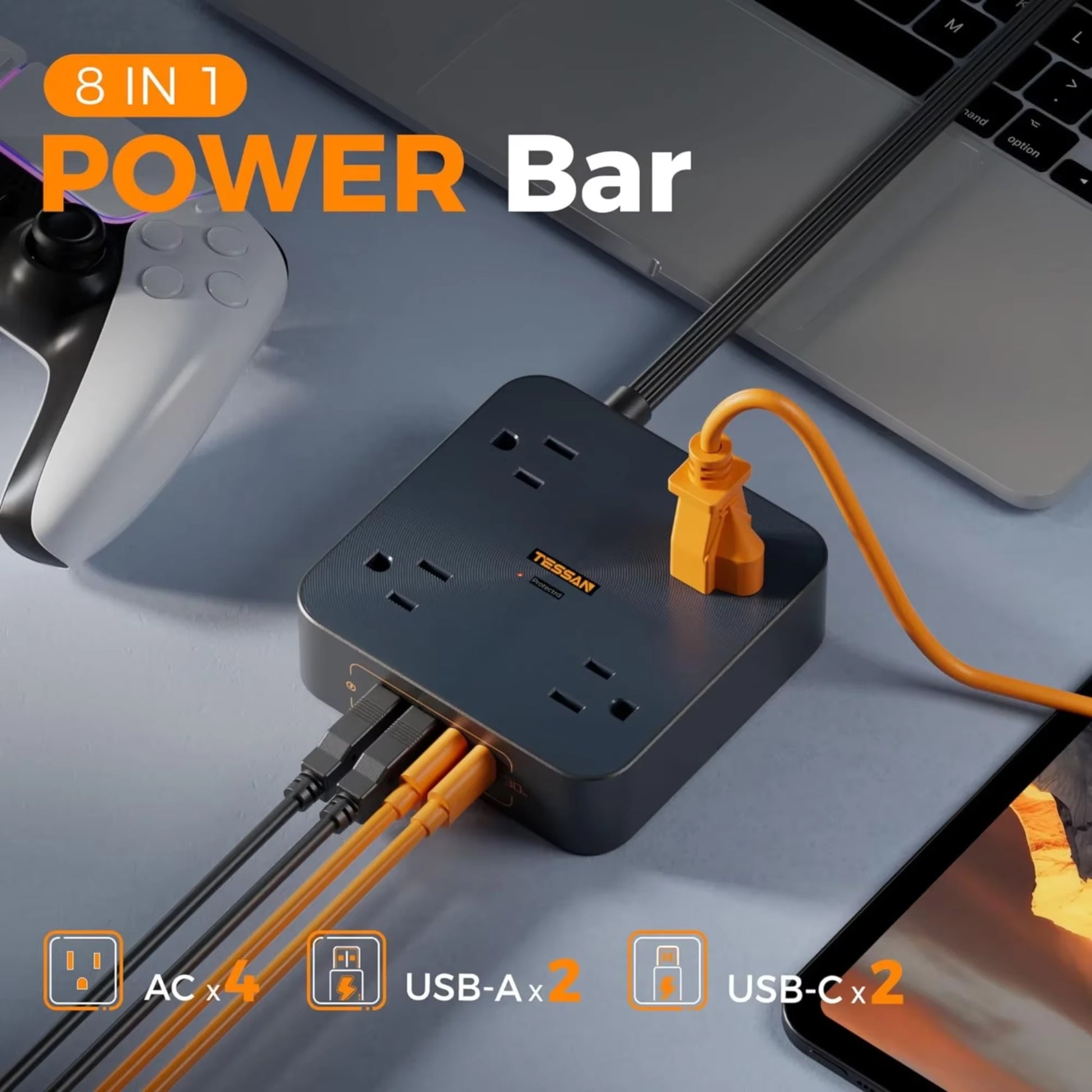 Fast Charger Surge Protector with 4 Outlet Extender 5 FT Flat Plug Extension Cord 4 USB Block Power Delivery (2 USB C)