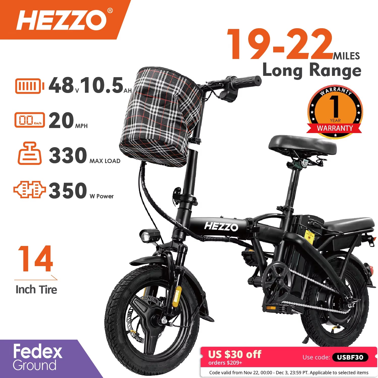 Bicycle Foldable Electric Bike W/ Seat & Basket 14'' 48V 10.4Ah 350W Motor 22Miles Range 20 MPH Top Speed Ebike for Adults