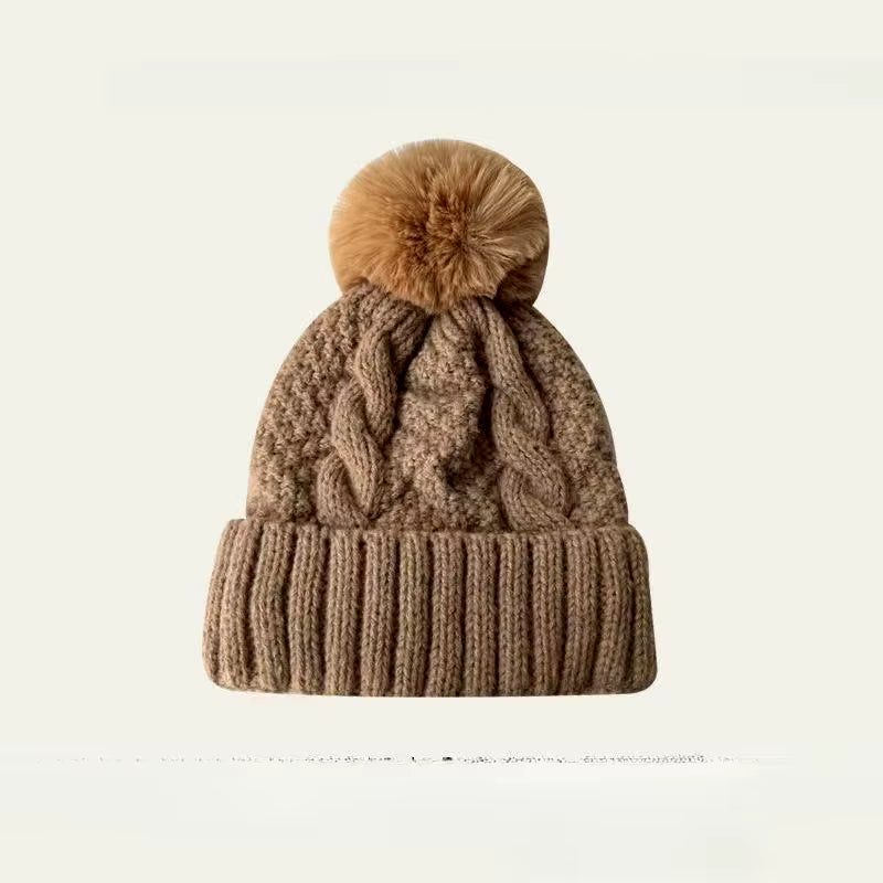 New Winter Twist Knitting Hat for Women Fur Pompom Thick Plush Cap Beanie Solid Color Ladies Warm Ski Snow Skullies Beanies