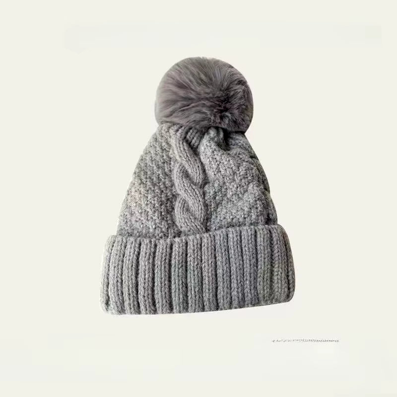 New Winter Twist Knitting Hat for Women Fur Pompom Thick Plush Cap Beanie Solid Color Ladies Warm Ski Snow Skullies Beanies