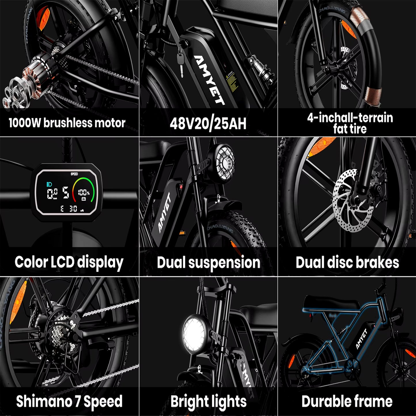 V9-G60 Adults Electric Bike 1000W Motor Bicycle 48V 20AH 20 Inch Tire Ebike Electric E Bikes Mountain Moped Ebikes for Men