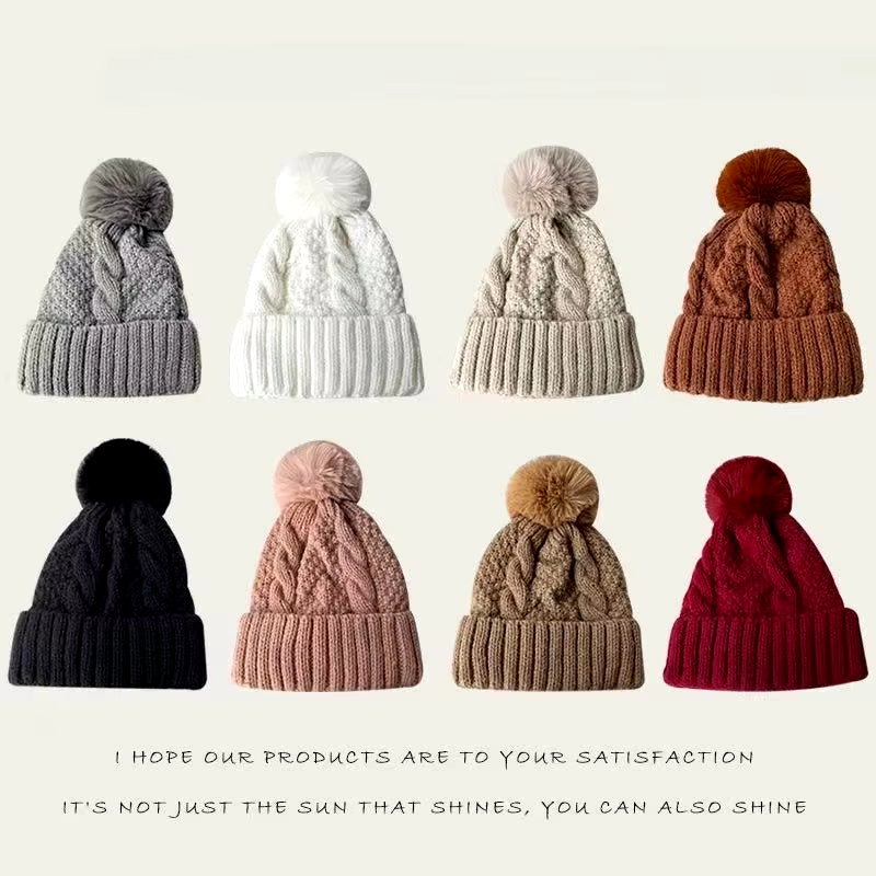 New Winter Twist Knitting Hat for Women Fur Pompom Thick Plush Cap Beanie Solid Color Ladies Warm Ski Snow Skullies Beanies