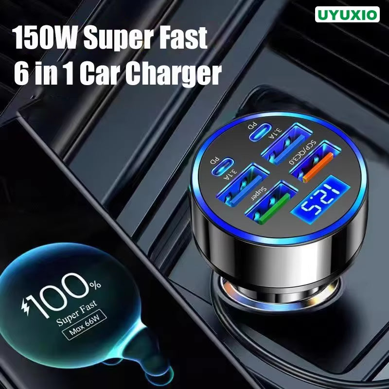 USB C Car Phone Charger Adapter 6 in 1 Dual PD Super Fast Charge in Car with Voltage Display for Iphone Samsung OPPO