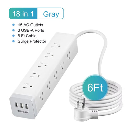 Ultra Thin Flat Power Strip Plug with 8 Outlets & 3 USB, Multi Outlet Surge Protector with 5FT/10FT Extension Cable