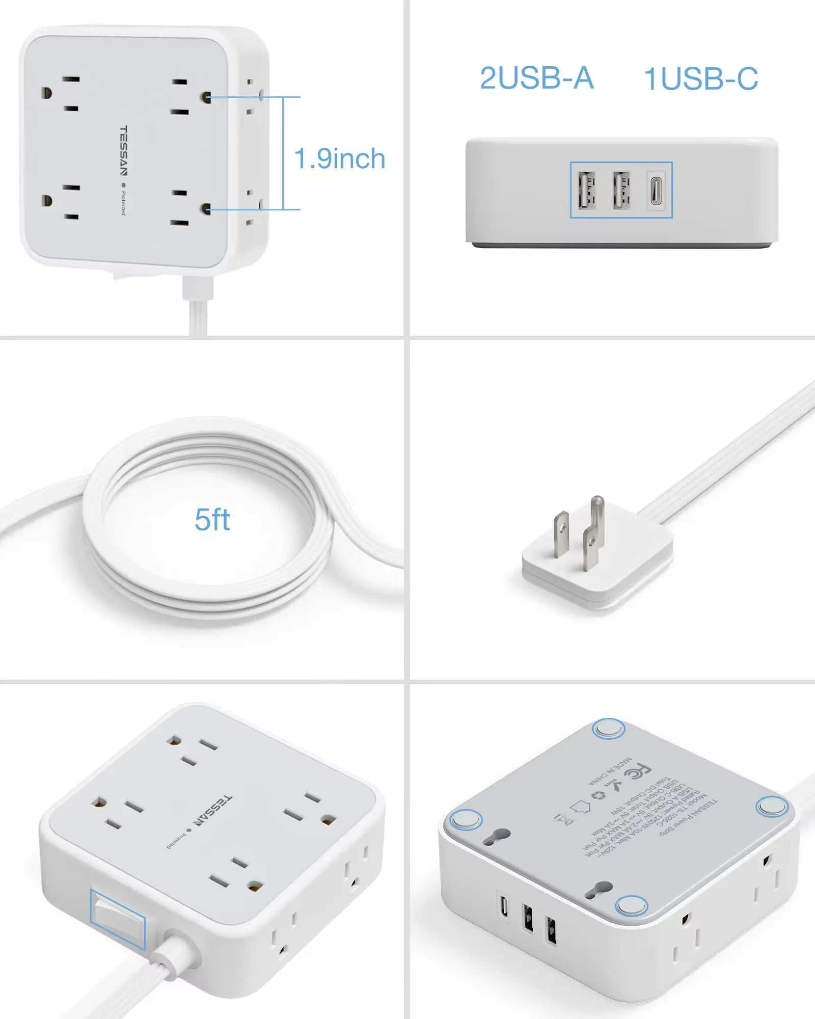 Ultra Thin Flat Power Strip Plug with 8 Outlets & 3 USB, Multi Outlet Surge Protector with 5FT/10FT Extension Cable