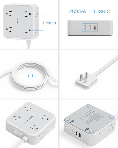 Ultra Thin Flat Power Strip Plug with 8 Outlets & 3 USB, Multi Outlet Surge Protector with 5FT/10FT Extension Cable