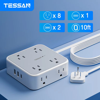 Ultra Thin Flat Power Strip Plug with 8 Outlets & 3 USB, Multi Outlet Surge Protector with 5FT/10FT Extension Cable