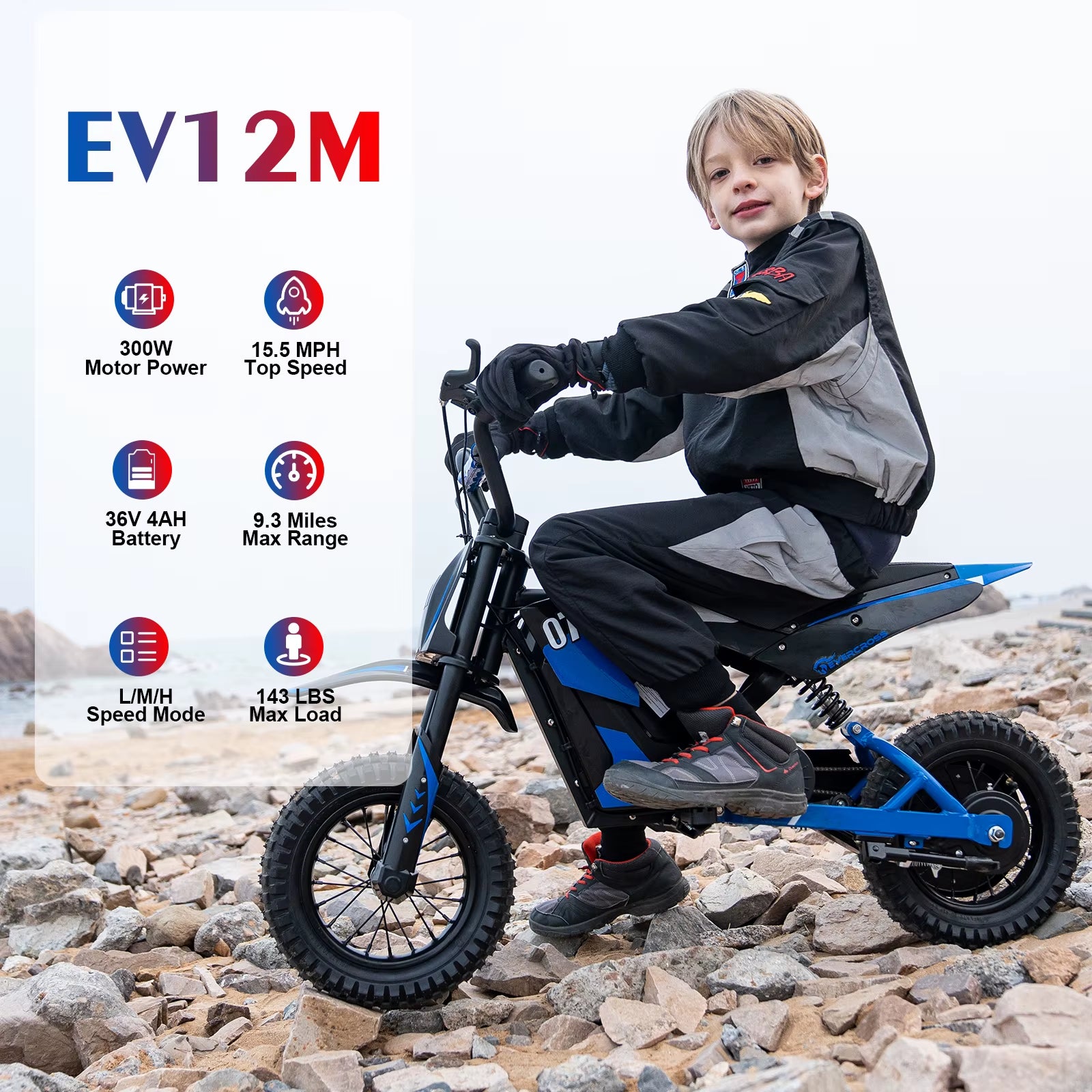 EV12M Electric Dirt Bike,300W Electric Motorcycle,15.5Mph & 9.3 Miles Long-Range,3-Speed Modes Motorcycle