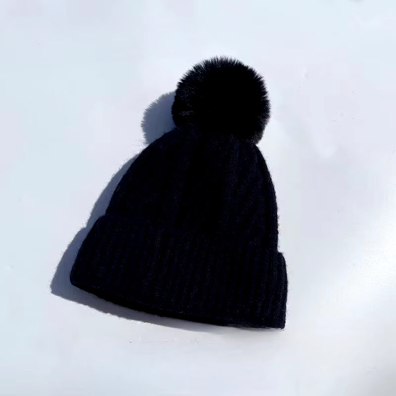 New Winter Twist Knitting Hat for Women Fur Pompom Thick Plush Cap Beanie Solid Color Ladies Warm Ski Snow Skullies Beanies