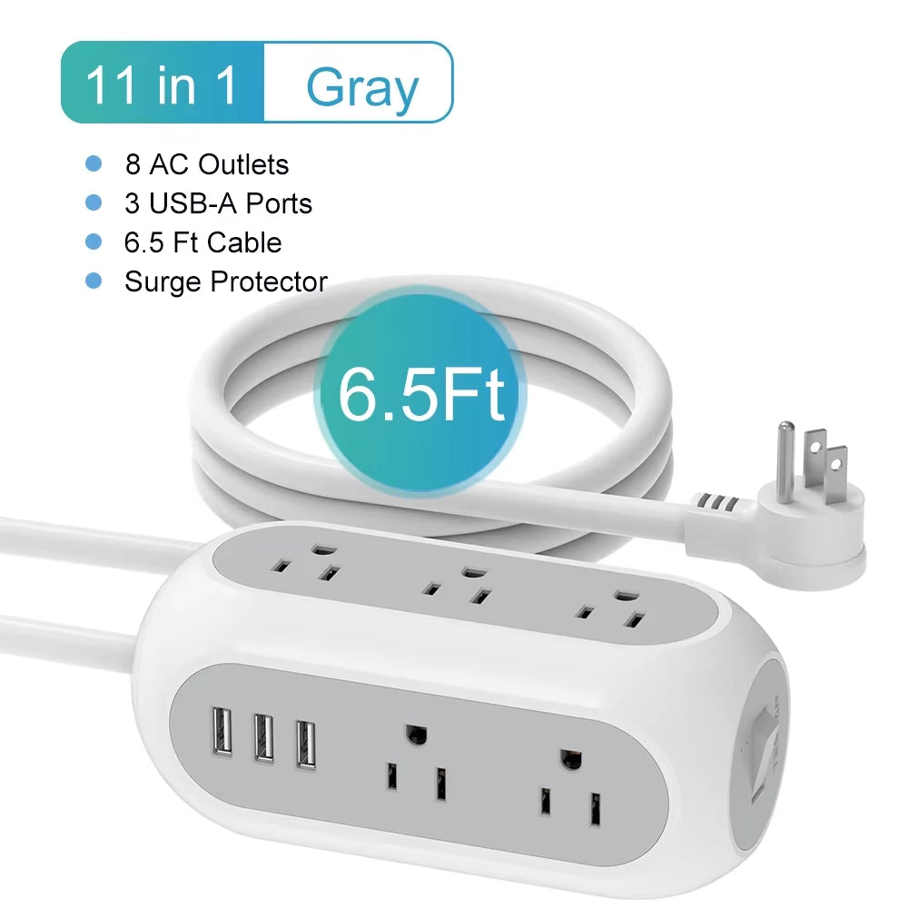 Ultra Thin Flat Power Strip Plug with 8 Outlets & 3 USB, Multi Outlet Surge Protector with 5FT/10FT Extension Cable