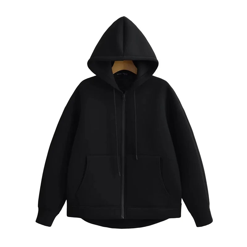 Winter New Women'S Zipper Hoodie High Street Unisex Style Double Pockets Oversize Loose Sweatshirts Outerwear Top