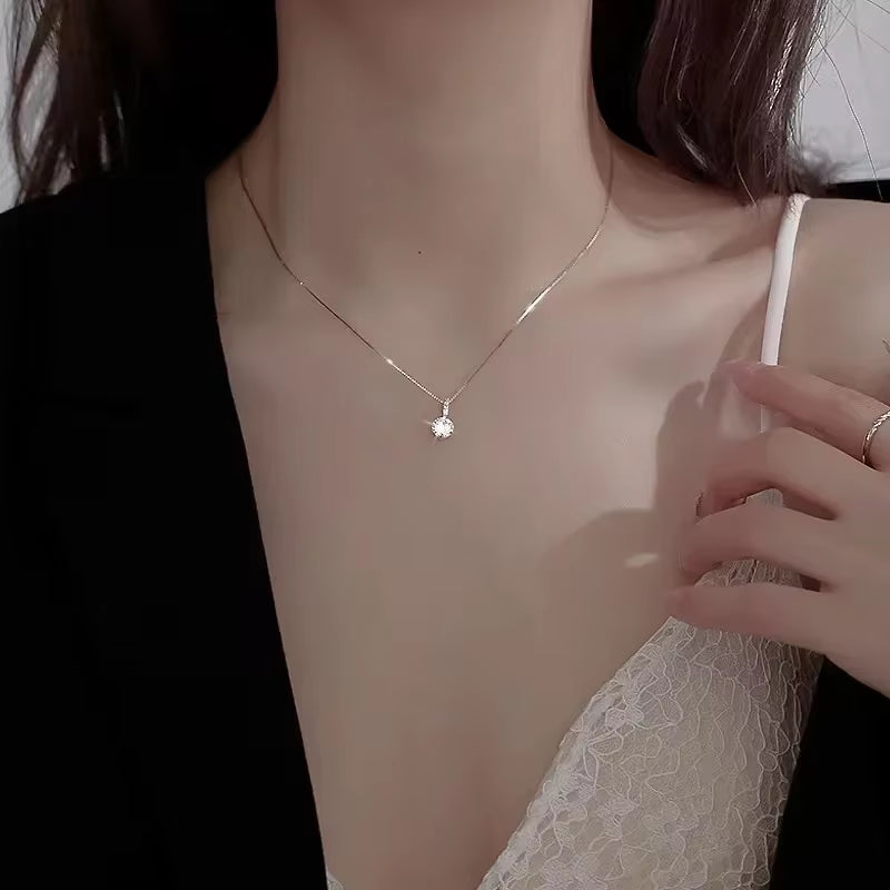 Fashion 925 Sterling Silver round Zircon Necklace Minimalist Style Charm Choker Pendant Party Gift for Women'S Fine Jewelry