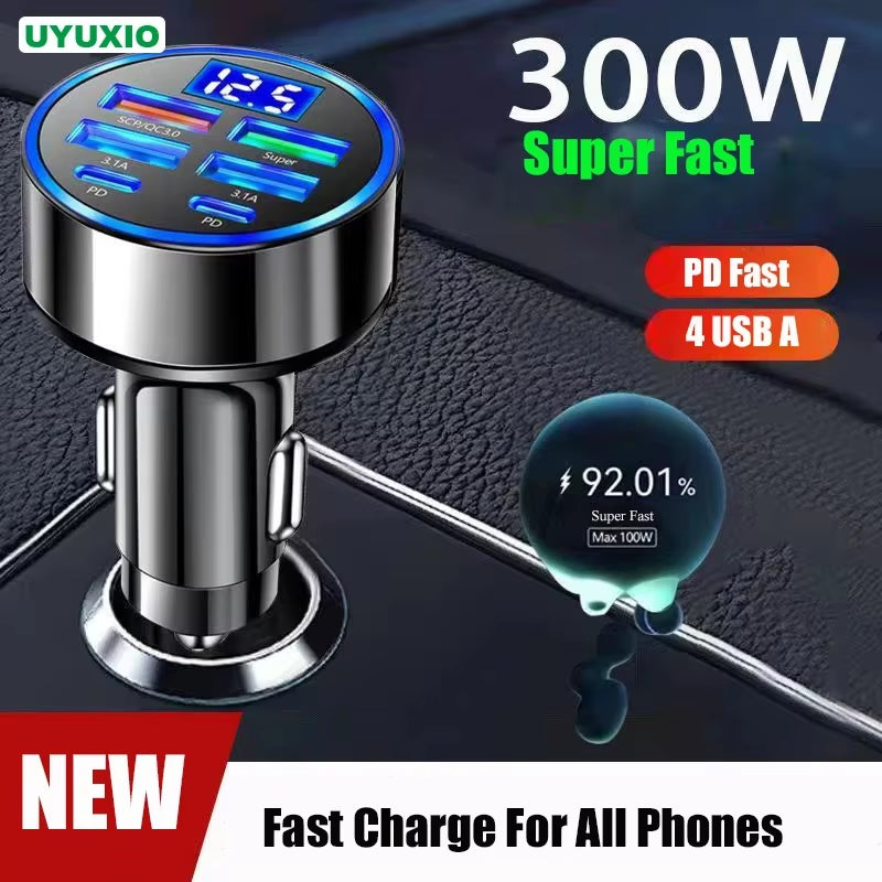 USB C Car Phone Charger Adapter 6 in 1 Dual PD Super Fast Charge in Car with Voltage Display for Iphone Samsung OPPO