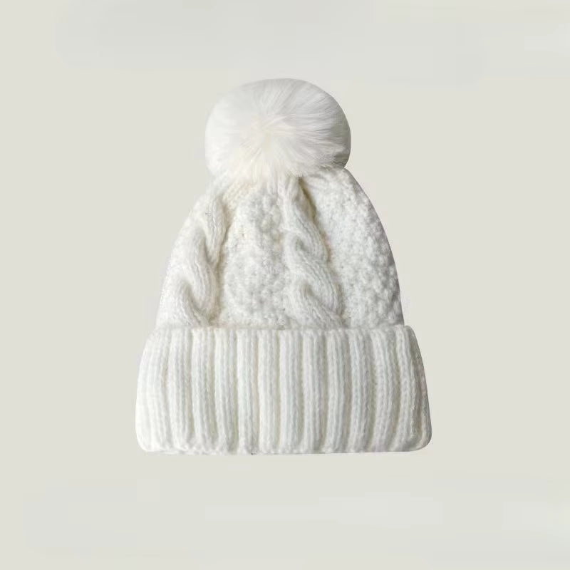 New Winter Twist Knitting Hat for Women Fur Pompom Thick Plush Cap Beanie Solid Color Ladies Warm Ski Snow Skullies Beanies