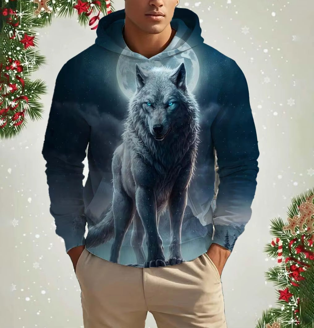 Men'S Hooded Animal Wolf 3D Print Hoodies Top Fashion New Autumn Fashion Casual Long Sleeved Pullover Oversized Sweatshirts