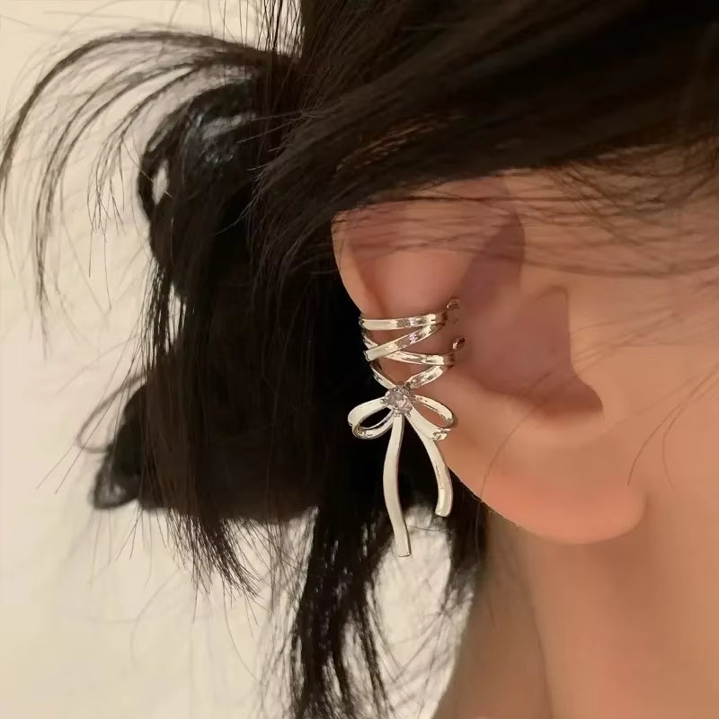 Girls New Ribbon Aesthetics Ear Clips Ballet Style Ribbon Bow-Knot Ear Cuff Women Korean Fashion Kpop Earring Jewelry