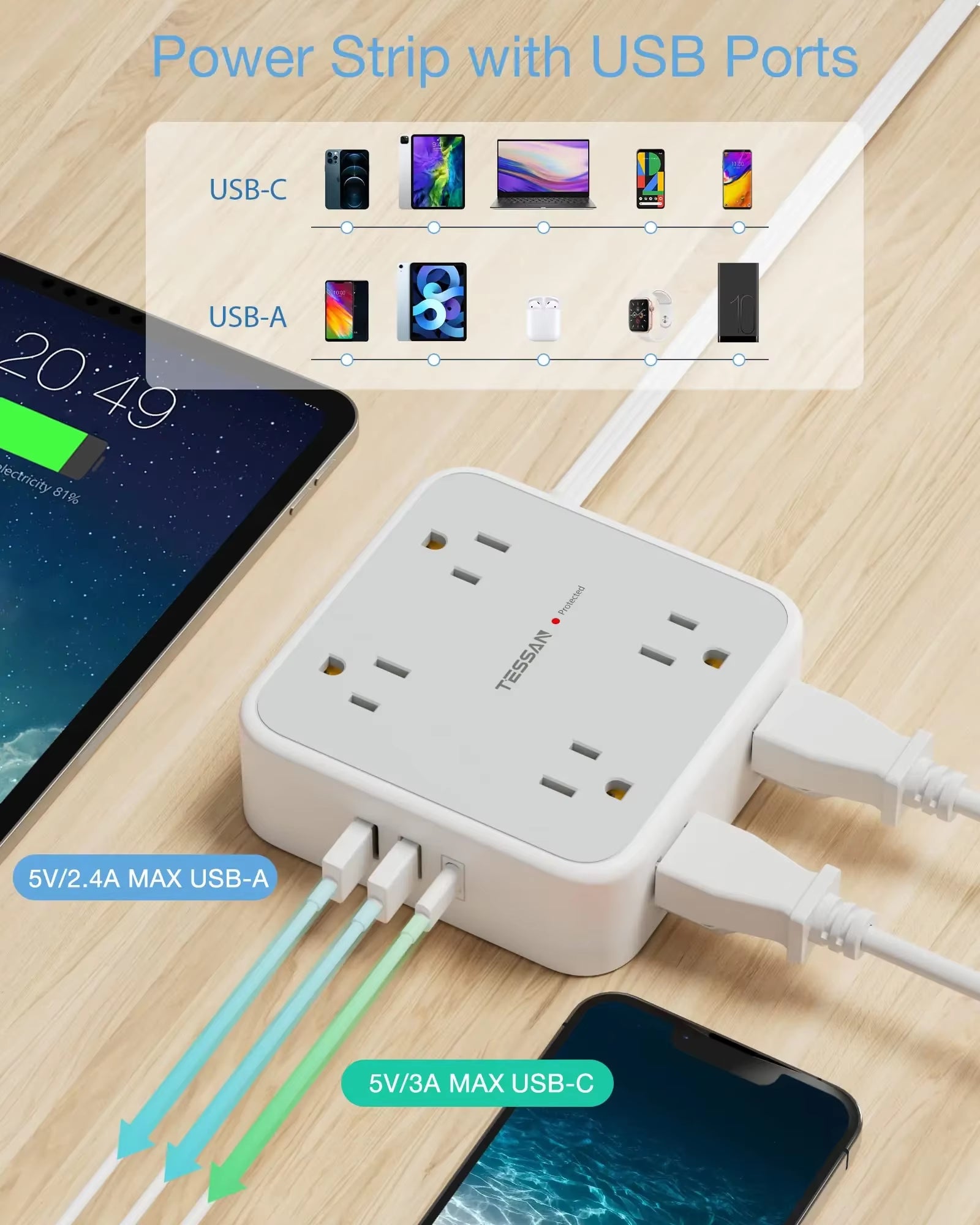 Ultra Thin Flat Power Strip Plug with 8 Outlets & 3 USB, Multi Outlet Surge Protector with 5FT/10FT Extension Cable