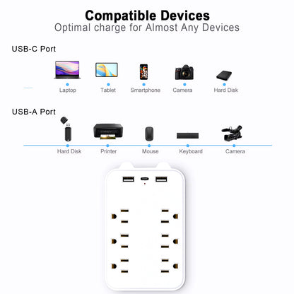 9-In-1 Socket Surge Protector 6-Outlet Extender 2 USB 1 USB-C Ports Power Strip Multi Plug Outlets Wall Adapter Spaced Outdoor