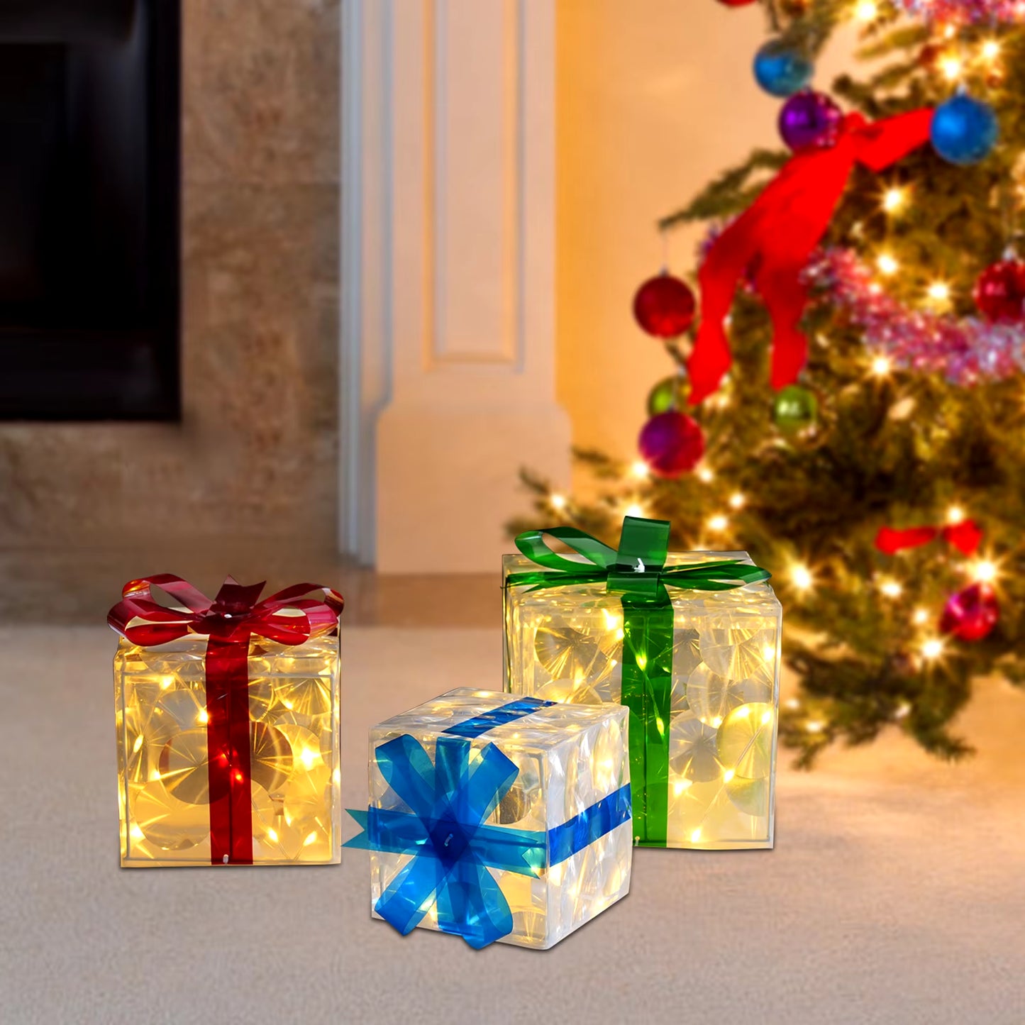 3 Pcs Christmas Lighting Gift Boxes Christmas Decorations Gift Boxes of Different Colors