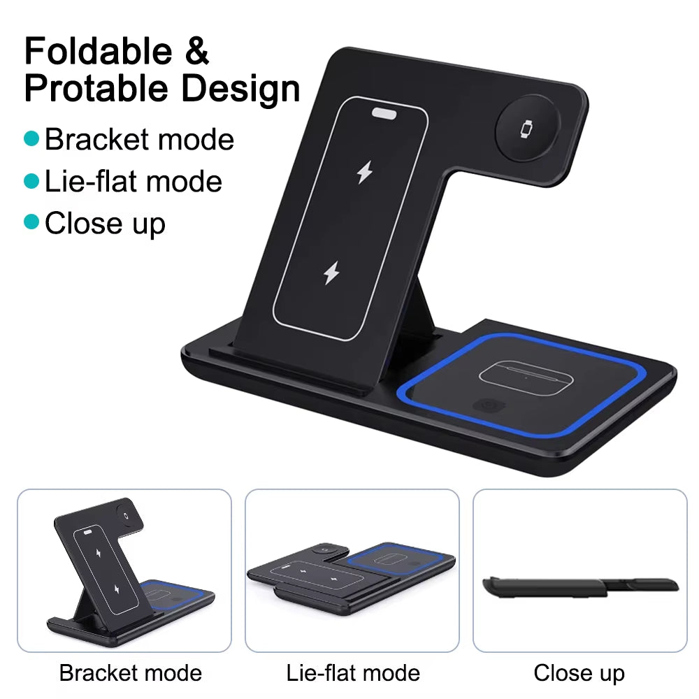 30W Fast Wireless Charger Stand for Iphone 16 15 14 13 12 11 3 in 1 Foldable Charging Station for Iwatch 9 8 7 6 5 Airpods