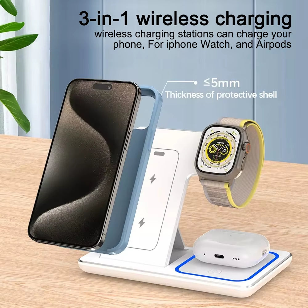 30W Fast Wireless Charger Stand for Iphone 16 15 14 13 12 11 3 in 1 Foldable Charging Station for Iwatch 9 8 7 6 5 Airpods