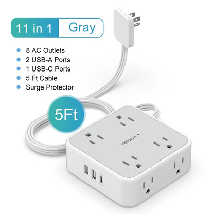 Ultra Thin Flat Power Strip Plug with 8 Outlets & 3 USB, Multi Outlet Surge Protector with 5FT/10FT Extension Cable