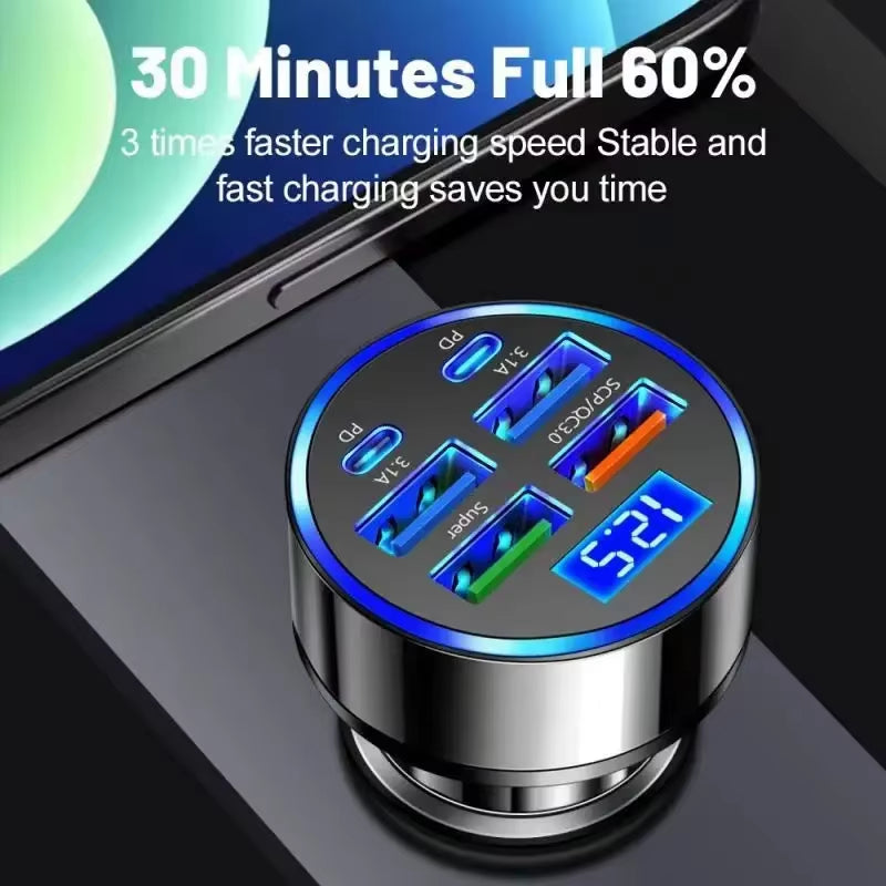 USB C Car Phone Charger Adapter 6 in 1 Dual PD Super Fast Charge in Car with Voltage Display for Iphone Samsung OPPO