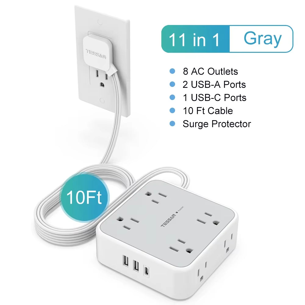 Ultra Thin Flat Power Strip Plug with 8 Outlets & 3 USB, Multi Outlet Surge Protector with 5FT/10FT Extension Cable