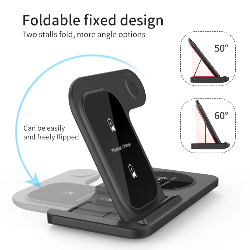 3 in 1 Wireless Charger Stand Pad for Iphone 15 14 13 12 X Max Foldable Fast Charging Station Dock for Iwatch 8 7 SE Airpods Pro