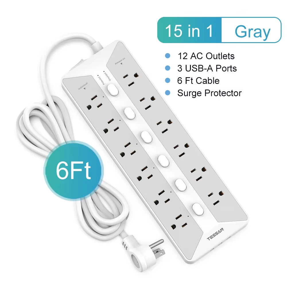 Ultra Thin Flat Power Strip Plug with 8 Outlets & 3 USB, Multi Outlet Surge Protector with 5FT/10FT Extension Cable