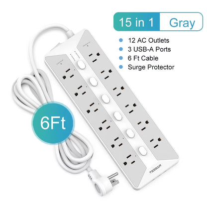 Ultra Thin Flat Power Strip Plug with 8 Outlets & 3 USB, Multi Outlet Surge Protector with 5FT/10FT Extension Cable