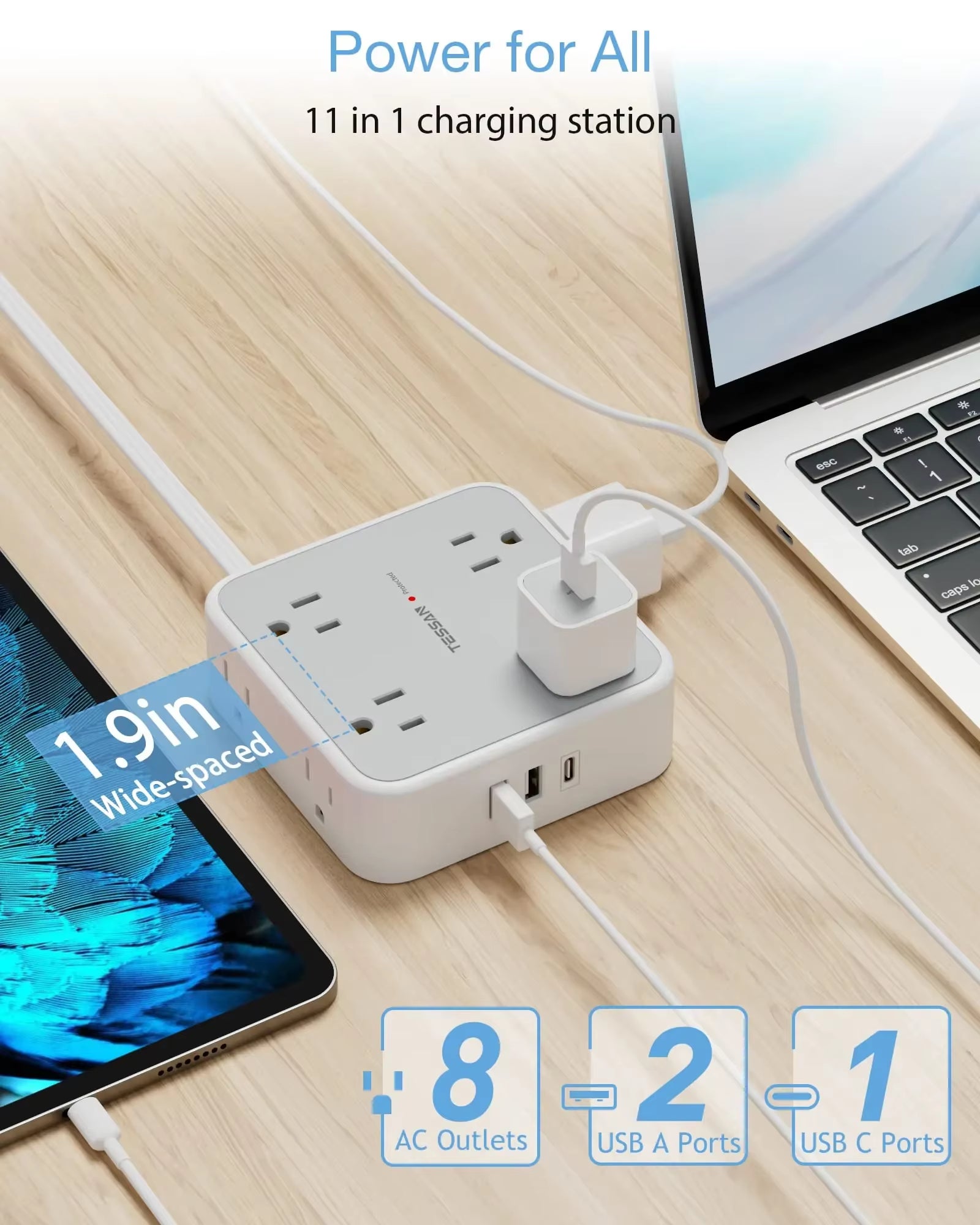 Ultra Thin Flat Power Strip Plug with 8 Outlets & 3 USB, Multi Outlet Surge Protector with 5FT/10FT Extension Cable