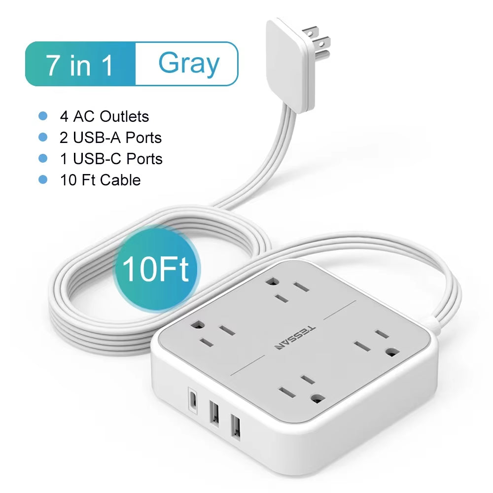 Ultra Thin Flat Power Strip Plug with 8 Outlets & 3 USB, Multi Outlet Surge Protector with 5FT/10FT Extension Cable