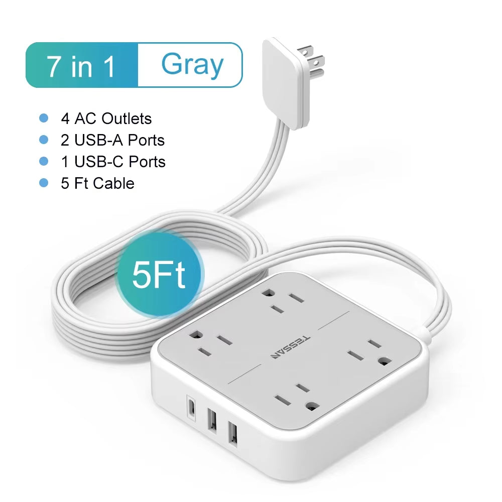 Ultra Thin Flat Power Strip Plug with 8 Outlets & 3 USB, Multi Outlet Surge Protector with 5FT/10FT Extension Cable