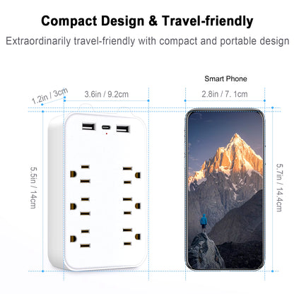 9-In-1 Socket Surge Protector 6-Outlet Extender 2 USB 1 USB-C Ports Power Strip Multi Plug Outlets Wall Adapter Spaced Outdoor